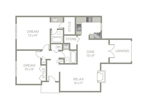 Floor plan for 2 beds, 2 baths, 1176 sqft